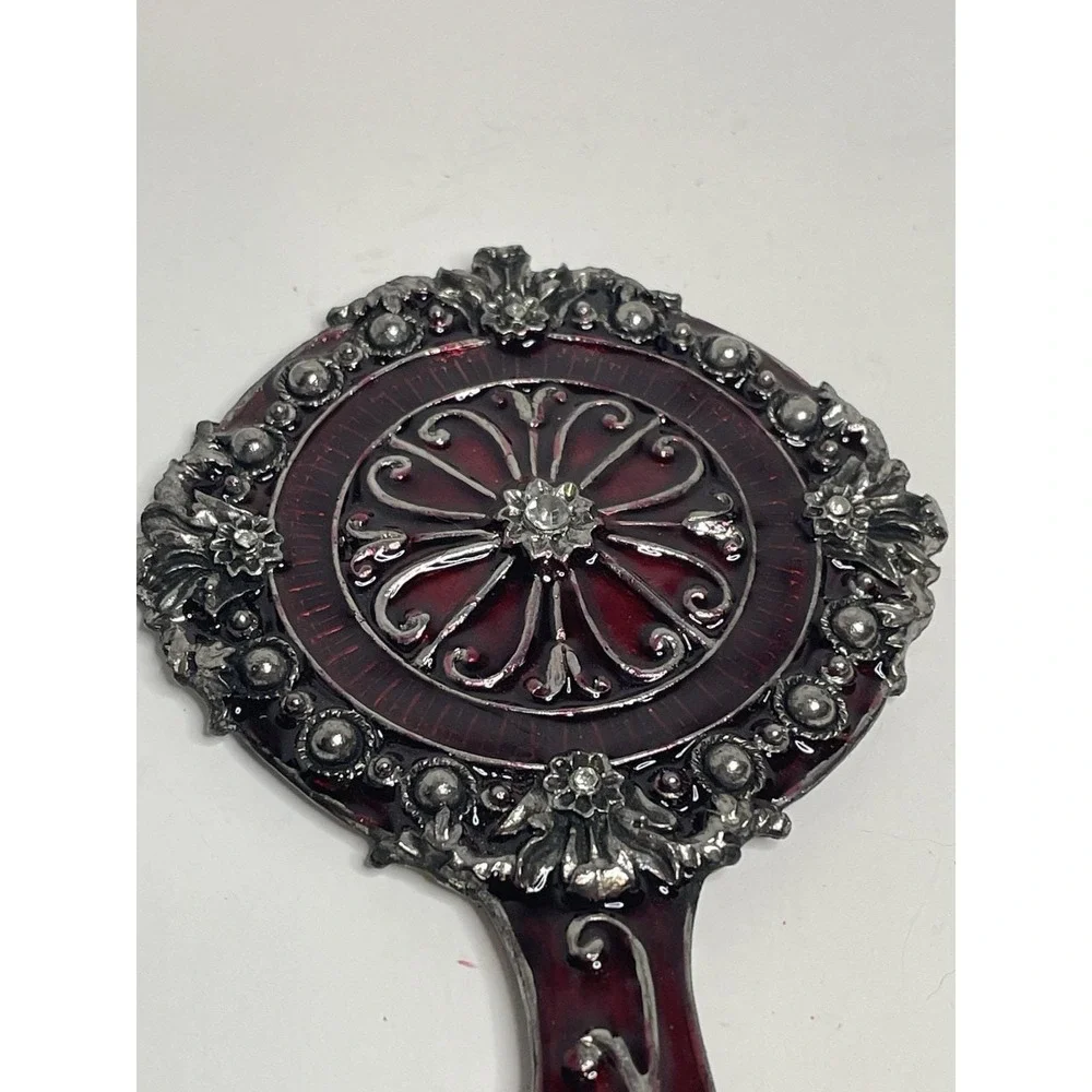 Hand Mirror w/  Coronet Bows Wreath Red Enamel Metal Heavy 5.5